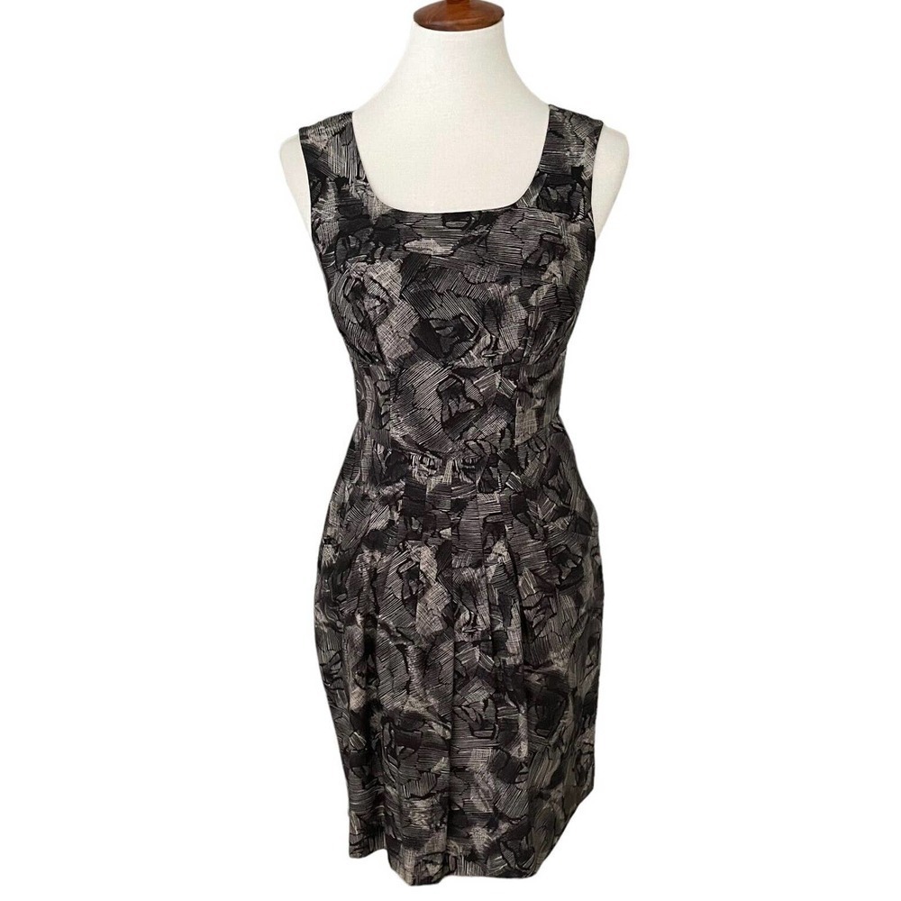 🍀Banana Republic Black Pleated Silk Wool Lined Printed Sheath Dress Size 4